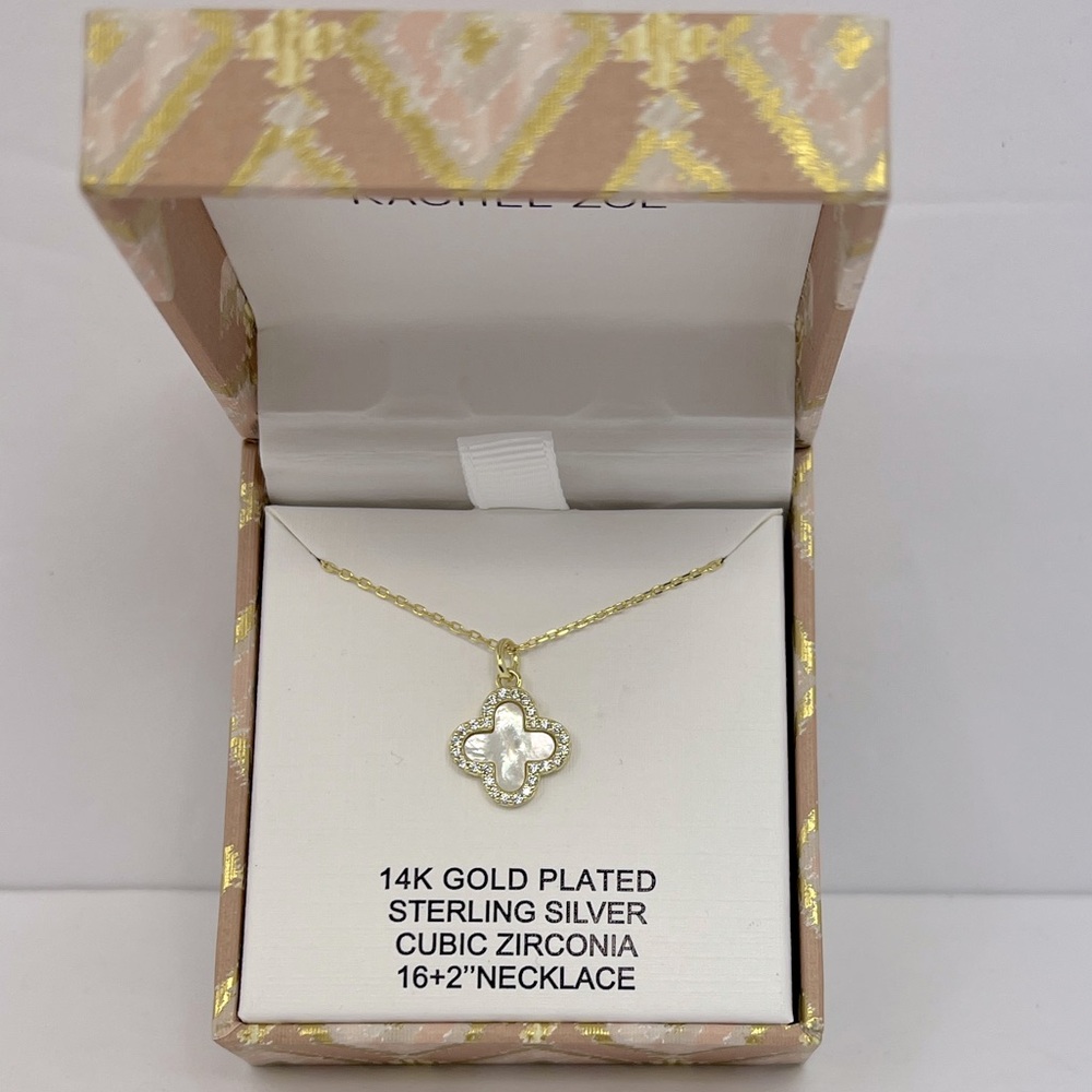 RACHEL ZOE, STERLING SILVER 18KT GOLD PLATED MOTHER OF PEARL CLOVER NECKLACE, CZ